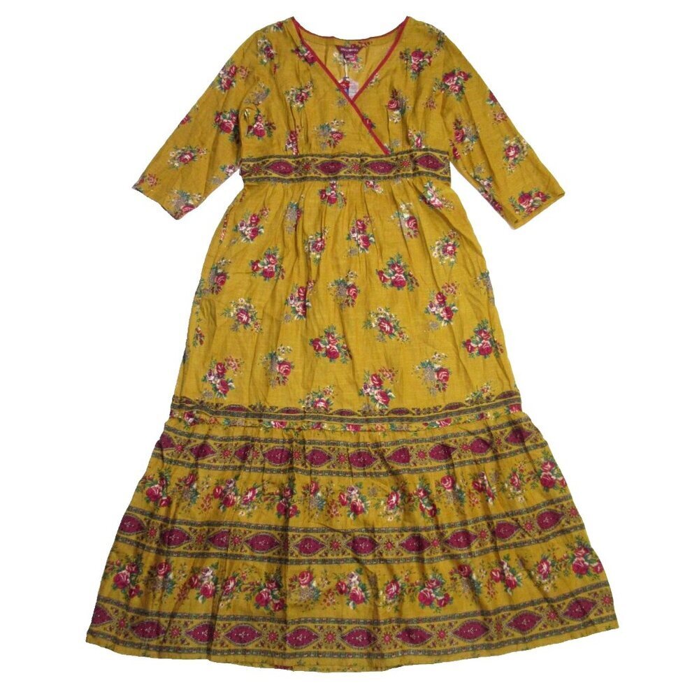 NWT April Cornell Chateau Hostess Maxi in Gold Floral V-neck Tie Back Dress S